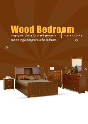 A warm-toned image showcasing a complete wood bedroom furniture set including a bed, nightstand, dresser, and vanity.