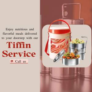 Image of a red and silver tiffin carrier with a delicious meal inside, promoting a tiffin service.