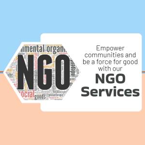 Image displaying 'NGO' with a word cloud background and text promoting NGO services.