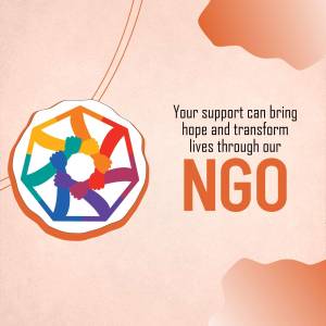 A colorful graphic representing people joining hands within a star shape, with text promoting NGO support.