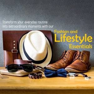 A still life arrangement of fashion accessories including a hat, sunglasses, shoes, bow tie, and leather goods.