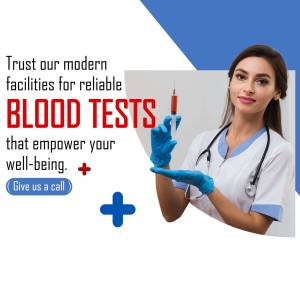 A healthcare worker holding a blood sample vial, promoting blood test services.