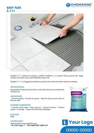 Close-up of a worker applying Easy Flex C-111 adhesive to tiles on a floor.
