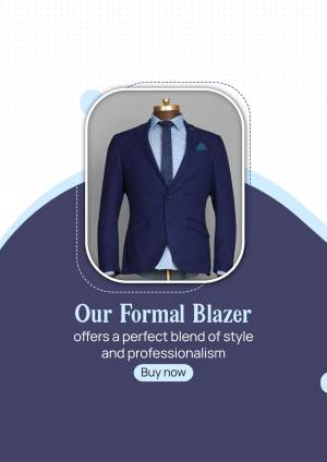 A navy blue formal blazer displayed on a mannequin with a light blue shirt and tie.