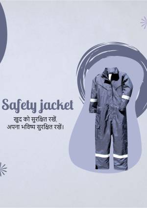 Blue safety jacket with reflective stripes on a light purple background