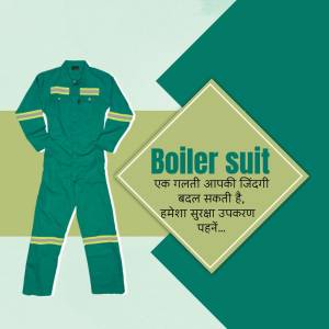 A green boiler suit with yellow reflective stripes displayed on a gradient background with text in Hindi.