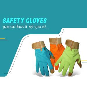 Three colorful safety gloves - blue, orange, and green - displayed on a teal background.
