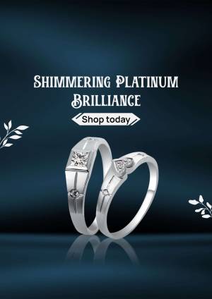 Platinum couple rings with a diamond accent, advertising a shop today promotion.