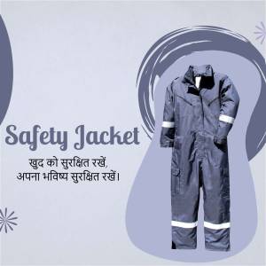 Image of a blue safety jacket with reflective stripes and text in English and Hindi promoting safety.