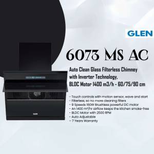 Black Glen 6073 MS AC Auto Clean Glass Filterless Chimney with Inverter Technology