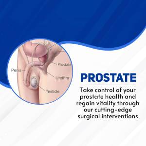 Anatomy of the male prostate gland with text promoting prostate health and surgical interventions.