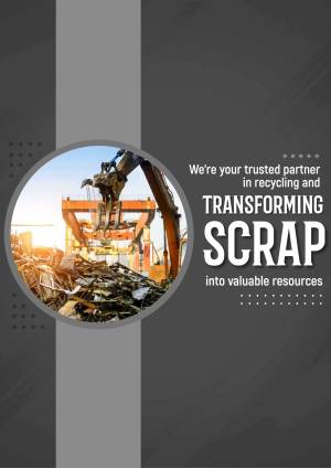 Image of a crane lifting scrap metal with text about transforming scrap into valuable resources.