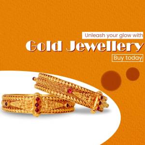 Close-up of gold bangles with red stones, advertising gold jewellery.