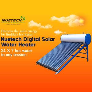 Nutech Digital Solar Water Heater with a blue sky background
