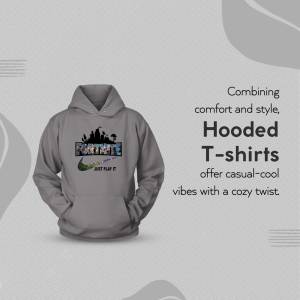 Gray hooded t-shirt with Fortnite graphic