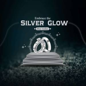 Silver rings on a pedestal with text 'Embrace the Silver Glow'