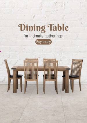 Wooden dining table with six chairs in a bright room