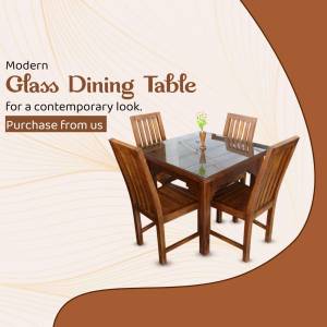 A modern glass dining table with four wooden chairs on a brown background.