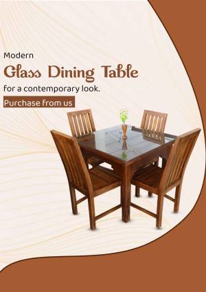 A modern glass dining table with four wooden chairs.