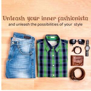 Flat lay of men's clothing and accessories including jeans, shirt, sunglasses, watch, wallet, and belt.