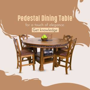 Round wooden pedestal dining table with chairs and fruit bowl