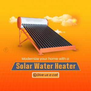 Image of a solar water heater against a vibrant orange and blue background with text promoting its benefits.