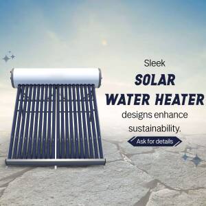 A sleek solar water heater against a desert background with text promoting sustainability.