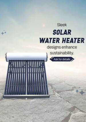 Image of a sleek solar water heater against a desert landscape with text promoting sustainability.