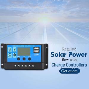 Close-up of a blue solar charge controller with a digital display and USB ports.