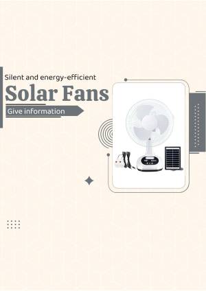 Image of a white solar-powered fan with a solar panel, promoting energy efficiency.
