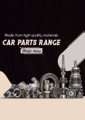 Assortment of car parts with a promotional banner.