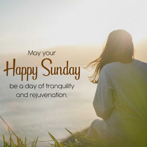 Woman looking at the sea with text 'Happy Sunday'