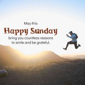 Man jumping for joy on a mountain landscape with 'Happy Sunday' text overlay