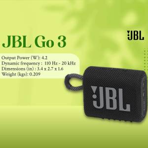 JBL Go 3 black portable speaker on a green background with specifications.