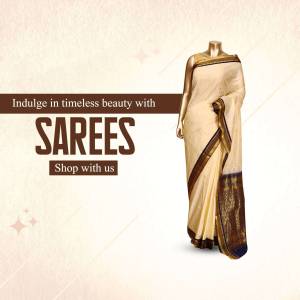 Cream colored saree with gold border on a mannequin