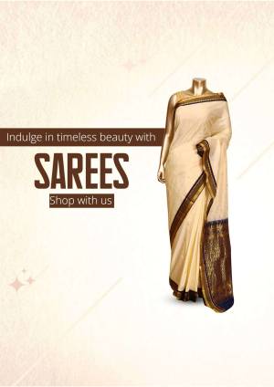 Cream colored saree with gold border on a mannequin