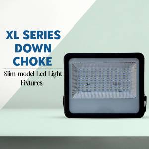 Black LED floodlight with text overlay 'XL Series Down Choke' and 'Slim model Led Light Fixtures'