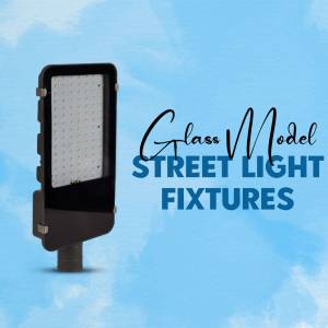 Modern black street light fixture against a blue gradient background with text overlay.