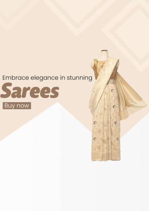 A beautiful cream-colored saree displayed on a mannequin with floral embroidery.