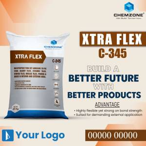 Image of a 20kg bag of Chemzone Xtra Flex C-345 tile adhesive with product details.