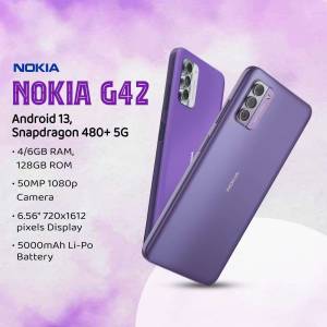 Nokia G42 5G smartphone in purple color, showcasing its design and specifications.