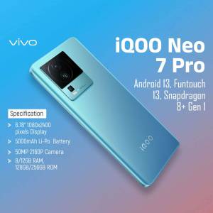 Vivo iQOO Neo 7 Pro smartphone with blue gradient back and specifications