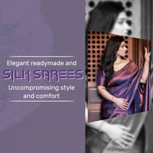 Woman wearing a purple silk saree with text promoting silk sarees