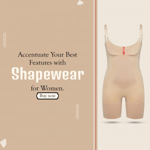 Beige shapewear garment for women on a beige background with text promoting shapewear.