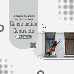 Construction worker painting a building exterior with text promoting construction contracts.