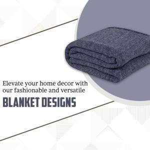 Folded gray blanket on a white surface with text promoting blanket designs