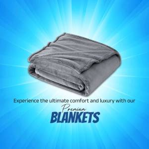 Gray premium blanket on a blue gradient background with text promoting comfort and luxury.