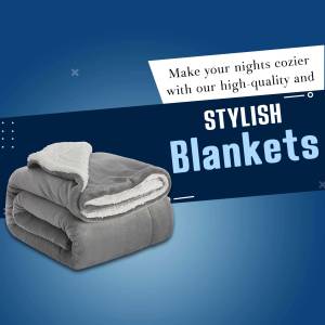 Folded gray blanket on a blue background with text promoting cozy nights.