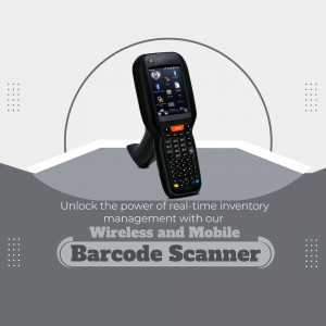 Image of a black wireless mobile barcode scanner with a dock, promoting real-time inventory management.