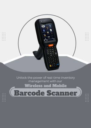 Black handheld barcode scanner with a screen and keyboard, displayed on a gray background.